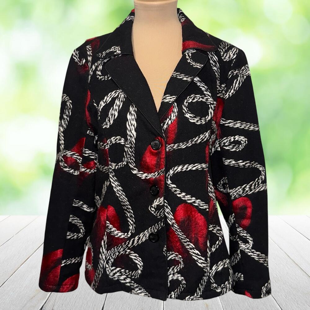 Vtg ONCE AGAIN Artwear Blazer Felted Wool Applique Black Red Button Front Size L - Picture 12 of 12